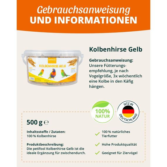 petifool Kolbenhirse gelb 500g - Einzelfuttermittel für alle Ziervögel - Vogelfutter - 100% Natur (Packung mit 2)