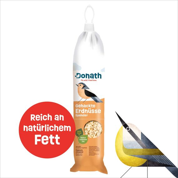 Donath Energie-Spender Erdnüsse - 500g - im praktischen Spender zum Aufhängen - reich an natürlichem Fett - wertvolles Ganzjahres Wildvogelfutter - aus unserer Manufaktur in Süddeutschland