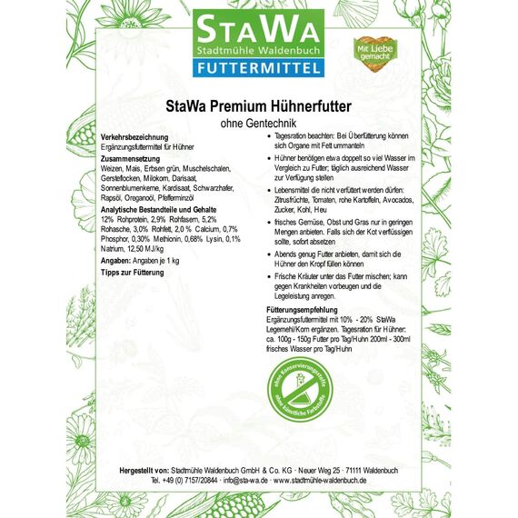 StaWa Premium Hühnerfutter, Geflügelkörnerfutter, ohne Gentechnik, mit Oregano-Öl und Pfefferminz-Öl, 25 kg