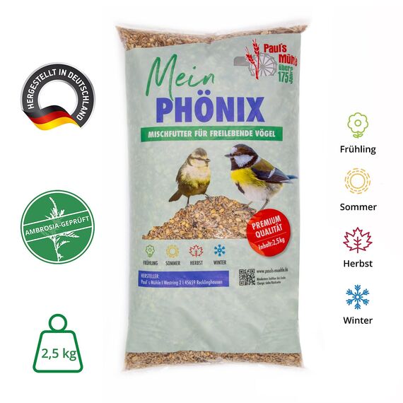 Paul´s Mühle Wildvogelfutter, Vogelfutter ideal für Brutzeit und Aufzucht, Phönix, 2,5 kg