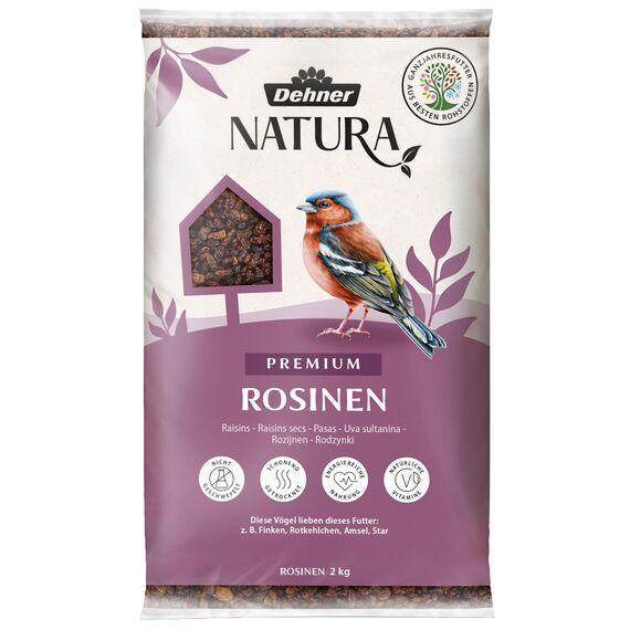 Dehner Natura Premium Wildvogelfutter, Rosinen Delikatesse, Futterrosinen, Ganzjahresfutter energiereich, hochwertiges Vogelfutter für Wildvögel, 2 kg