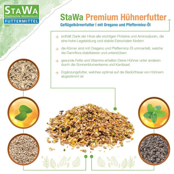 StaWa Premium Hühnerfutter, Geflügelkörnerfutter, ohne Gentechnik, mit Oregano-Öl und Pfefferminz-Öl, 10 kg