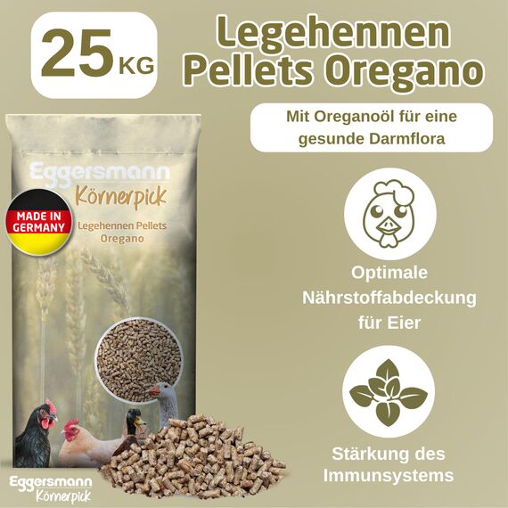Eggersmann Körnerpick 25 kg Legehennen Pellets Oregano GVO frei - Hühner Futter - Premium Hühnerfutter - Pellets für Hühner Gänse und Enten in 3mm Pelletgröße