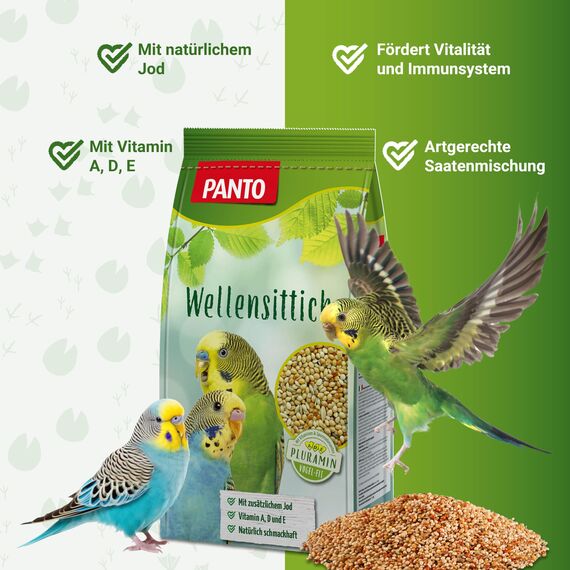 PANTO Wellensittichfutter mit Pluramin - artgerechte Saatenmischung für Wellensittiche, Vogelfutter mit natürlichem Jod, 4x2,5 kg