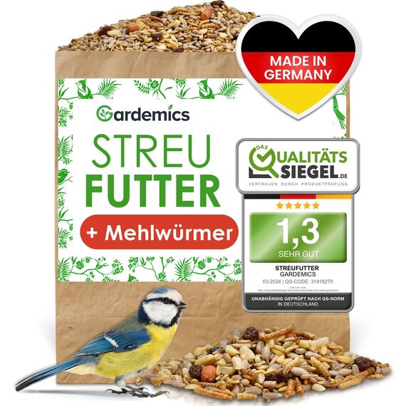 Gardemics Vogelfutter Wildvögel ganzjährig 20 Kg - Mit Mehlwürmern - Premium Protein Wildvogelfutter Ganzjahresfutter für Artenvielfalt im Garten