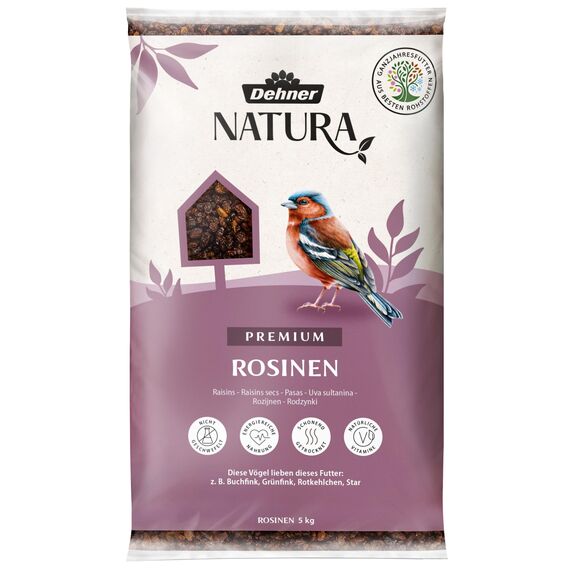 Dehner Natura Premium Wildvogelfutter, Rosinen Delikatesse, Futterrosinen, Ganzjahresfutter energiereich, hochwertiges Vogelfutter für Wildvögel, 5 kg