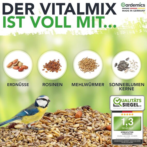 Gardemics Vogelfutter Wildvögel ganzjährig 10 Kg - Mit Mehlwürmern - Premium Protein Wildvogelfutter Ganzjahresfutter für Artenvielfalt im Garten
