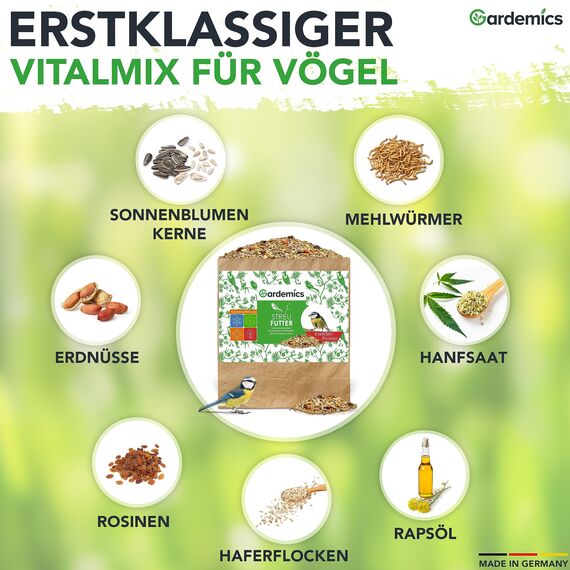 Gardemics Vogelfutter Wildvögel ganzjährig 20 Kg - Mit Mehlwürmern - Premium Protein Wildvogelfutter Ganzjahresfutter für Artenvielfalt im Garten