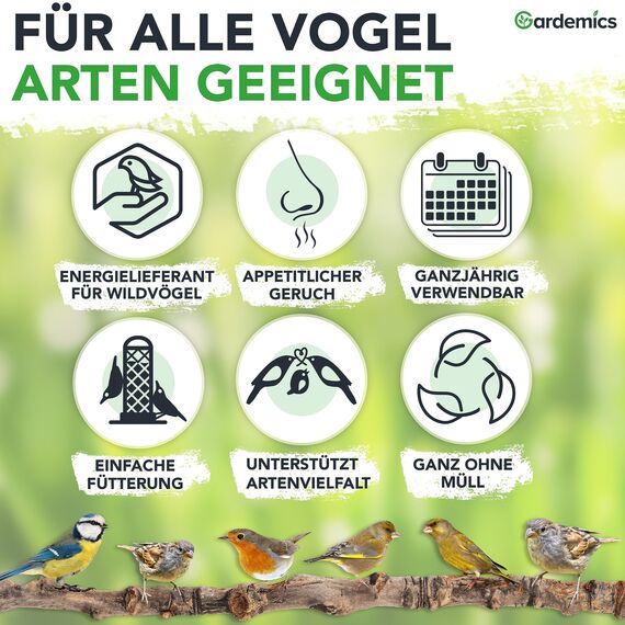 Gardemics Vogelfutter Wildvögel ganzjährig 20 Kg - Mit Mehlwürmern - Premium Protein Wildvogelfutter Ganzjahresfutter für Artenvielfalt im Garten