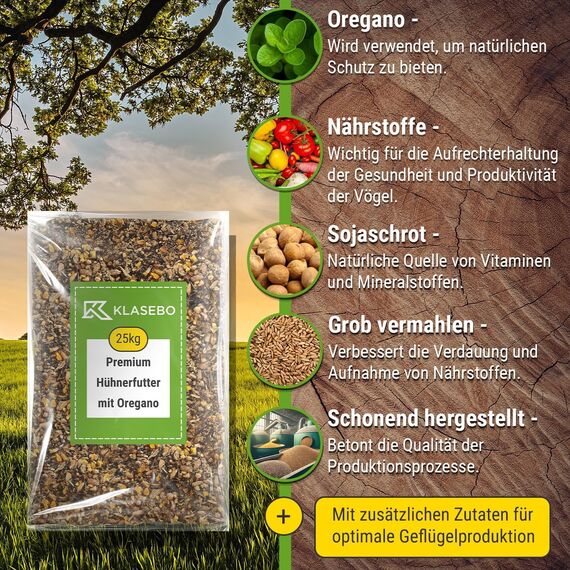 25 kg Premium Hühnerfutter und Kükenfutter, Legemehl Plus mit Oregano - Geflügelfutter für Hühner, Gänse, Enten