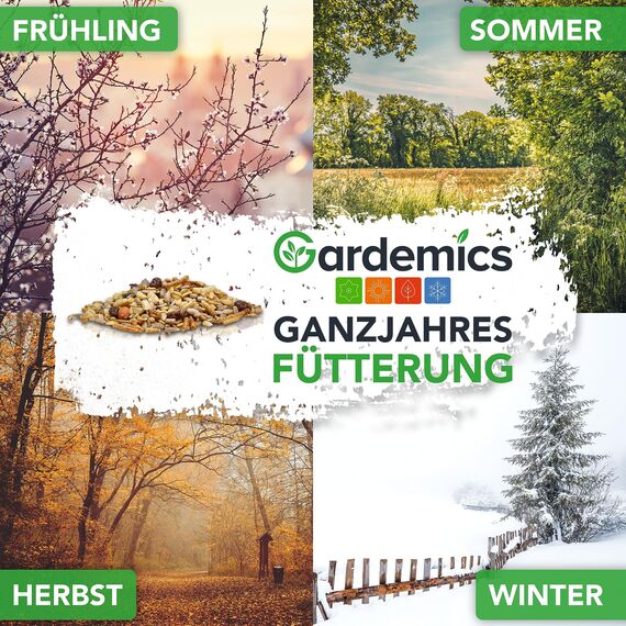 Gardemics Vogelfutter Wildvögel ganzjährig 10 Kg - Mit Mehlwürmern - Premium Protein Wildvogelfutter Ganzjahresfutter für Artenvielfalt im Garten