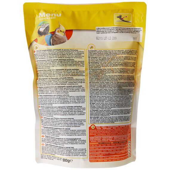Riga - Menu Cocktail - Leckerbissen für Großsittiche & Papageien - Körnermischung, Reich an Früchten - Vitaminquelle - Energiereiches & Ausgewogenes Futter - Doypack 500g