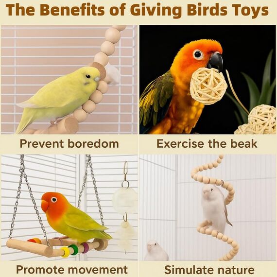 VGECEE Vogel Spielzeug Käfig Papageien Spielzeug Natur 19 Stück Vogelspielzeug Hängend Vogel zubehör Hängematte Holzleiter Vögel Kauspielzeug Vogelkäfig zubehör für Wellensittich Sittiche, Liebesvögel