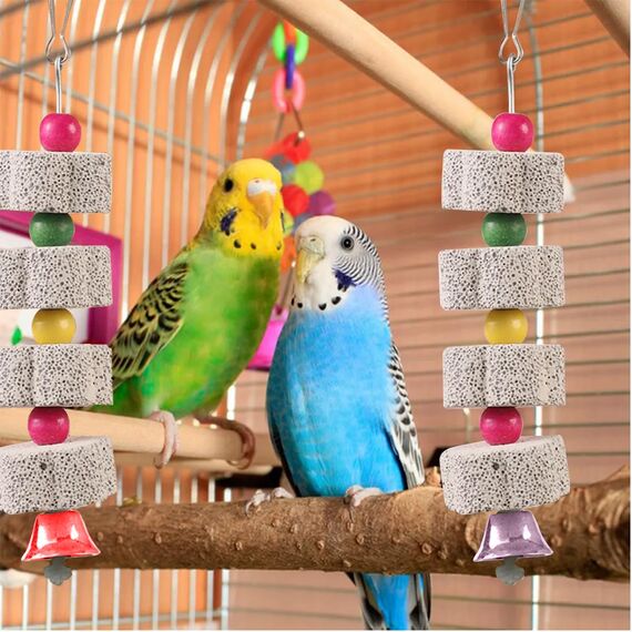 Ruayia Vogel Kauspielzeug, 2 Stück Vogelschnabel-Schleifstein mit Glocke, Papageienschnabel-Schleifstein für Kakadu Wellensittich Sittich Nymphensittich Lovebird, Hängende Schaukel Vogelkäfig-Zubehör