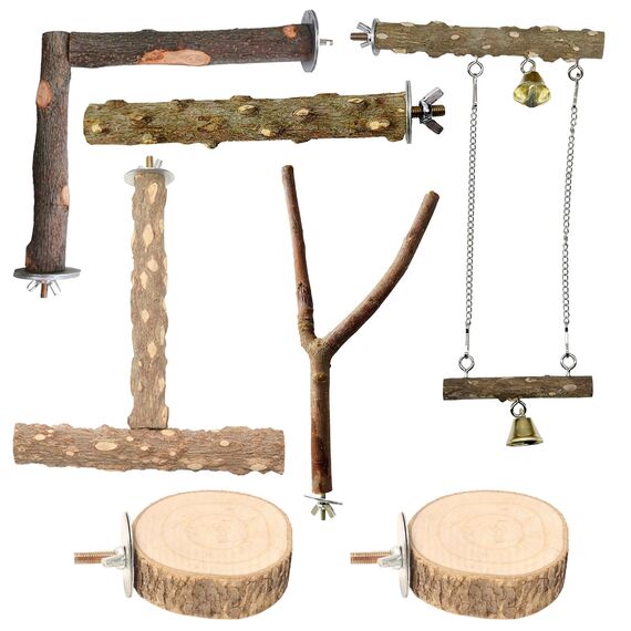 Allazone Natürliche Sitzstangen für Vögel, 7 Stück Holz, Vogel Papagei Schaukel Spielzeug