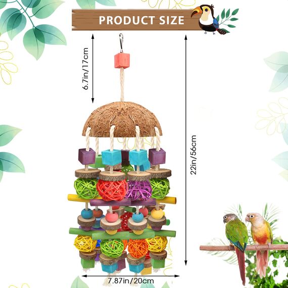 Großer Vogel Papagei Kauspielzeug, Sittichkäfig Biss Spielzeug Natur Durable Kauen Mehrfarbige natürliche Holzblöcke ,Rattan Ball und Kokosnuss Shell Tearing Spielzeug für große Vogel Amazon Papageien