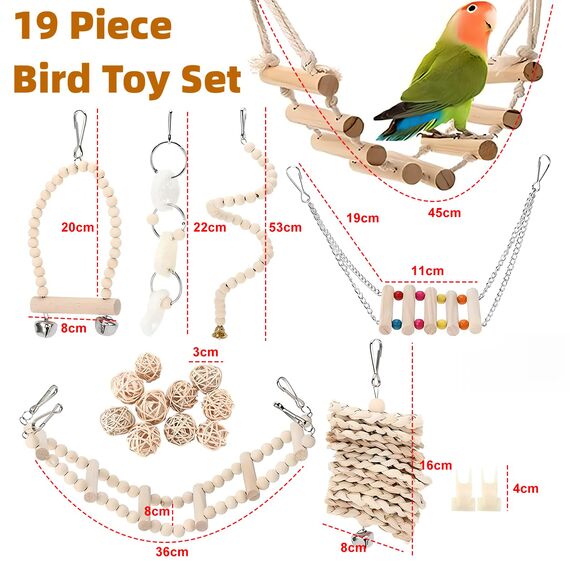 VGECEE Vogel Spielzeug Käfig Papageien Spielzeug Natur 19 Stück Vogelspielzeug Hängend Vogel zubehör Hängematte Holzleiter Vögel Kauspielzeug Vogelkäfig zubehör für Wellensittich Sittiche, Liebesvögel