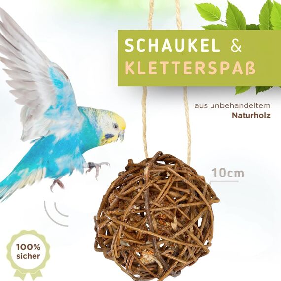 Vogelgaleria® Kolbenhirse gefüllte Weidenkugel 2er Pack - handgefertigt in Deutschland - Erstaunlicher Spielspaß für glückliche und aktive Wellensittiche