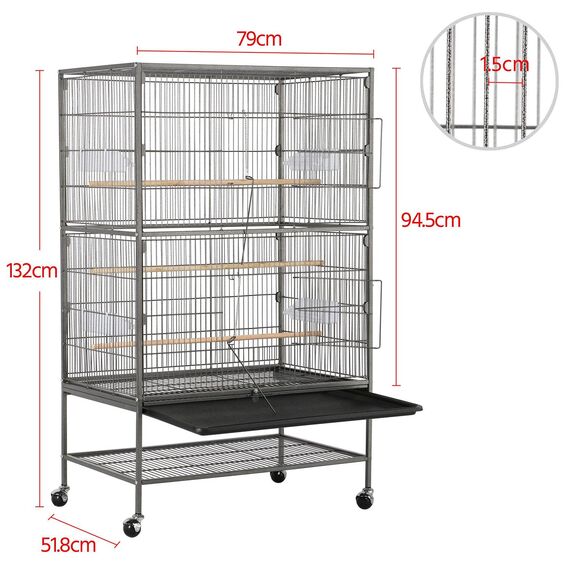 Yaheetech Vogelvoliere großer Vogelkäfig mit 2 Türen Vogelhaus mit Holzstangen und 4 Rollen mit schmutzwanneneinsatz 52 x 79 x 132 cm