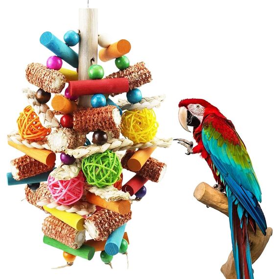 Großer Vogel Papagei Kauspielzeug, Sittich Spielzeug Durable Kauen Mehrfarbige natürliche Holzstreifen, Rattan Ball und natürliches Mais Tearing Spielzeug für Amazon Papageien Afrikanisch Grau.