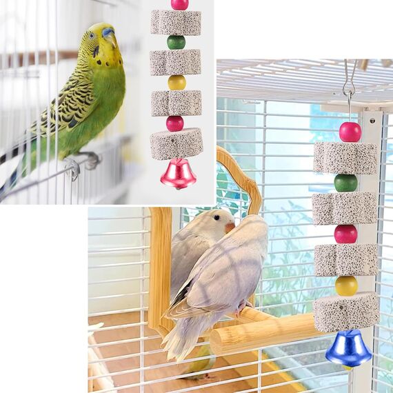 Ruayia Vogel Kauspielzeug, 2 Stück Vogelschnabel-Schleifstein mit Glocke, Papageienschnabel-Schleifstein für Kakadu Wellensittich Sittich Nymphensittich Lovebird, Hängende Schaukel Vogelkäfig-Zubehör