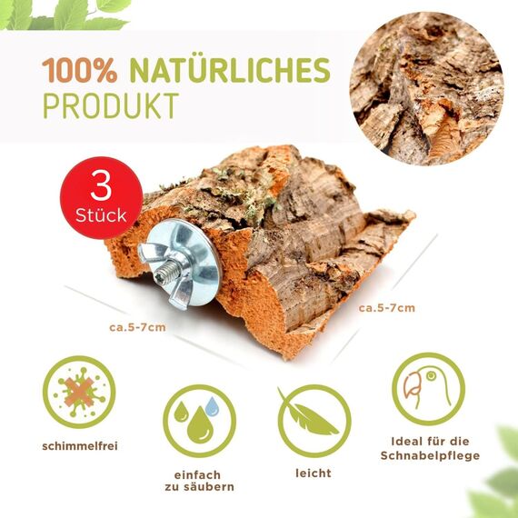 Vogelgaleria® 3 x Kork-Pickstein für Vögel. Die leckere Alternative zum Kalkstein oder Sepia-Schale, Wellensittich Zubehör