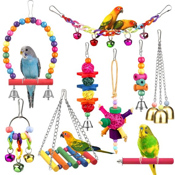 Vogelspielzeug für Sittiche, mit bunter Leiter, Hängematte, Vogelkäfig, Ständer, Kauspielzeug, hängende Glocke für Sittiche, Nymphensittiche