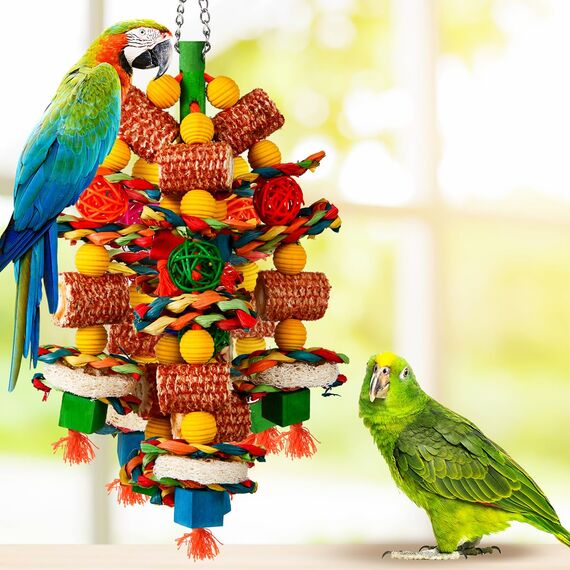 Vogelspielzeug für große Vögel, natürlicher Maiskolben und Luffascheiben, Kauspielzeug für Graupapageien, Aras, Kakadus, Amazonas-Papageien und andere kleine und mittelgroße Papageien (bunt)