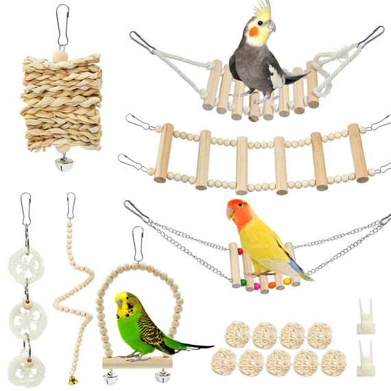 VGECEE Vogel Spielzeug Käfig Papageien Spielzeug Natur 19 Stück Vogelspielzeug Hängend Vogel zubehör Hängematte Holzleiter Vögel Kauspielzeug Vogelkäfig zubehör für Wellensittich Sittiche, Liebesvögel