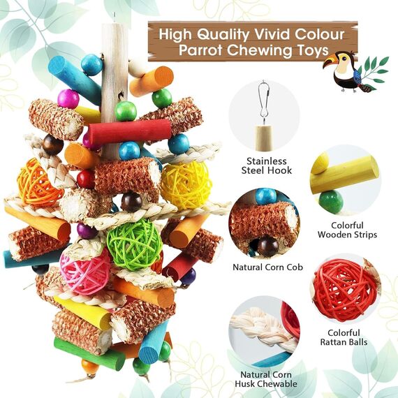 Großer Vogel Papagei Kauspielzeug, Sittich Spielzeug Durable Kauen Mehrfarbige natürliche Holzstreifen, Rattan Ball und natürliches Mais Tearing Spielzeug für Amazon Papageien Afrikanisch Grau.