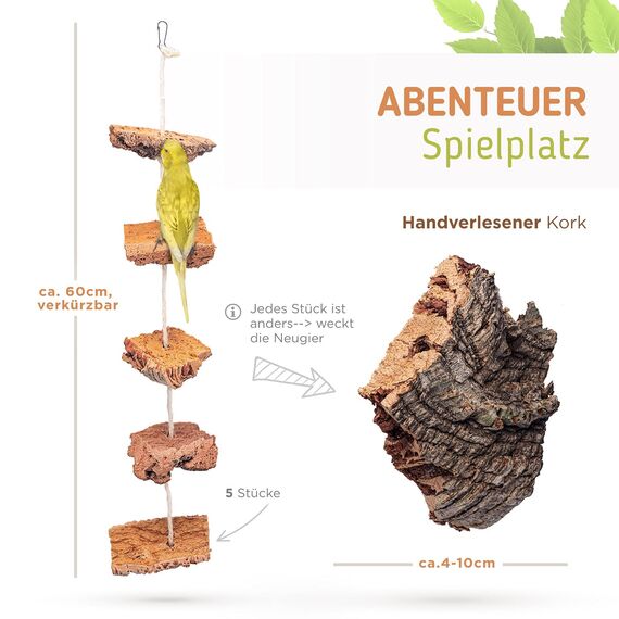 Vogelgaleria® Kork Knabberseil - das perfekte Wellensittich Spielzeug und Vogelzubehör zum Klettern und Nagen | Vogelspielzeug