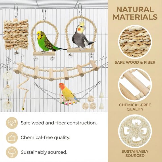 VGECEE Vogel Spielzeug Käfig Papageien Spielzeug Natur 19 Stück Vogelspielzeug Hängend Vogel zubehör Hängematte Holzleiter Vögel Kauspielzeug Vogelkäfig zubehör für Wellensittich Sittiche, Liebesvögel