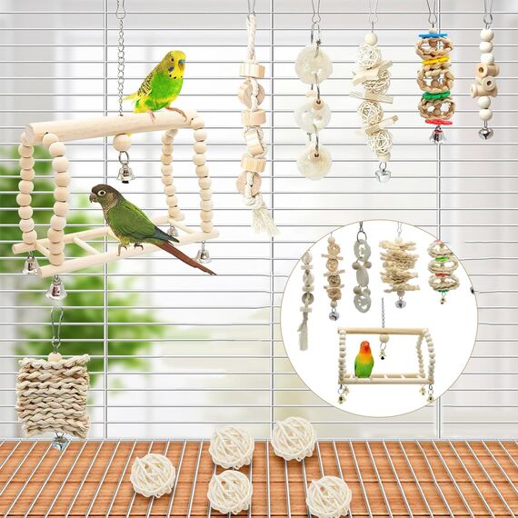 LIUYIDM Wellensittich Spielzeug 8 Stück Vogel Papageien Spielzeug Vogelspielzeug und Springen Wellensittich zubehör für Hängematte, Vogelkäfig, Ständer, Kauspielzeug, hängende Glocke