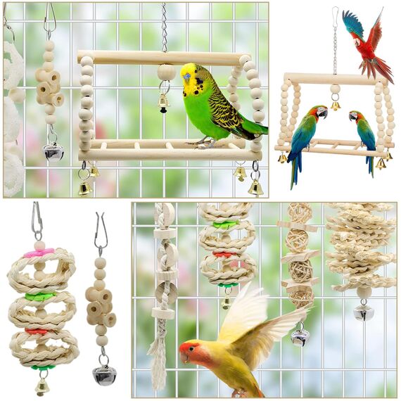 LIUYIDM Wellensittich Spielzeug 8 Stück Vogel Papageien Spielzeug Vogelspielzeug und Springen Wellensittich zubehör für Hängematte, Vogelkäfig, Ständer, Kauspielzeug, hängende Glocke
