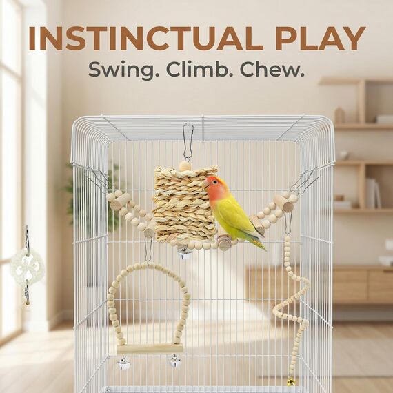 VGECEE Vogel Spielzeug Käfig Papageien Spielzeug Natur 19 Stück Vogelspielzeug Hängend Vogel zubehör Hängematte Holzleiter Vögel Kauspielzeug Vogelkäfig zubehör für Wellensittich Sittiche, Liebesvögel