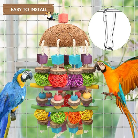 Großer Vogel Papagei Kauspielzeug, Sittichkäfig Biss Spielzeug Natur Durable Kauen Mehrfarbige natürliche Holzblöcke ,Rattan Ball und Kokosnuss Shell Tearing Spielzeug für große Vogel Amazon Papageien