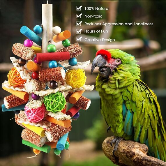 Großer Vogel Papagei Kauspielzeug, Sittich Spielzeug Durable Kauen Mehrfarbige natürliche Holzstreifen, Rattan Ball und natürliches Mais Tearing Spielzeug für Amazon Papageien Afrikanisch Grau.
