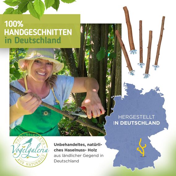 Vogelgaleria® 5 herrliche Natur Sitzstangen für Vögel wie Wellensittich, Nymphensittich, Kanarienvogel, Agaporniden | Naturholzstangen für den Vogel als wichtiges Vogelzubehör im Vogelkäfig | Zubehör