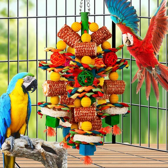 Vogelspielzeug für große Vögel, natürlicher Maiskolben und Luffascheiben, Kauspielzeug für Graupapageien, Aras, Kakadus, Amazonas-Papageien und andere kleine und mittelgroße Papageien (bunt)