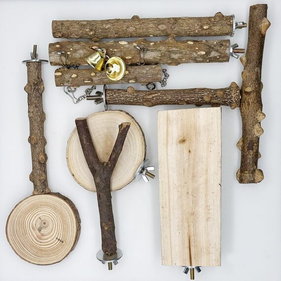 Allazone Natur Sitzstangen für Vögel - 7 Stück Holz Vögel Sitzstangen, Papagei Schaukel Spielzeug