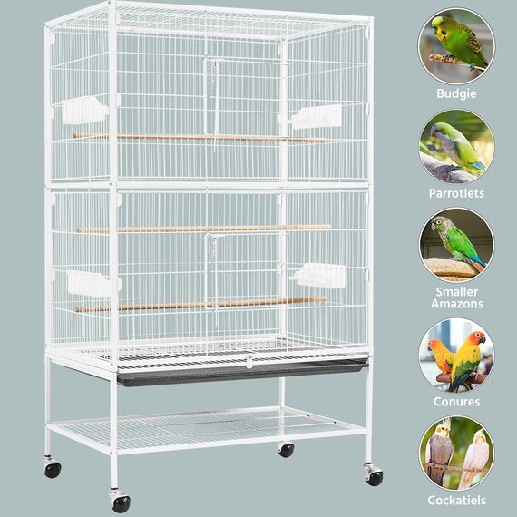 Yaheetech Vogelkäfig mit ständer, Vogelvoliere mit 3 Holzstangen und 4 Futternäpfen, Wellensittich Käfig mit 4 Rollen, Voliere für Papageien, 52 x 79 x 132 cm, Weiß