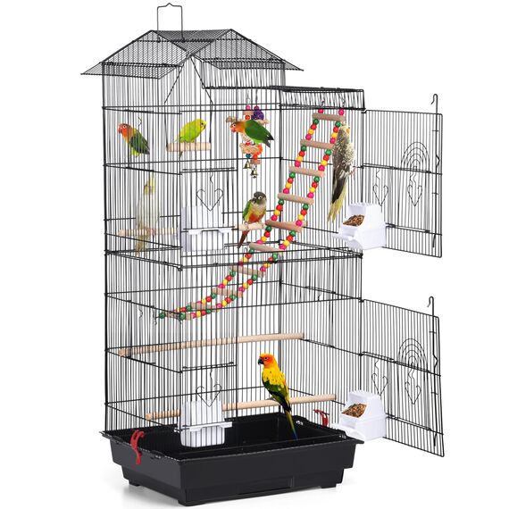 Yaheetech Vogelkäfig mit Vogelspielzeuge, Wellensittichkäfig Käfigspielzeug Nymphensittiche Fink-Papageien-Käfig mit Vogeltreppe, 99x46x35,5 cm, Schwarz
