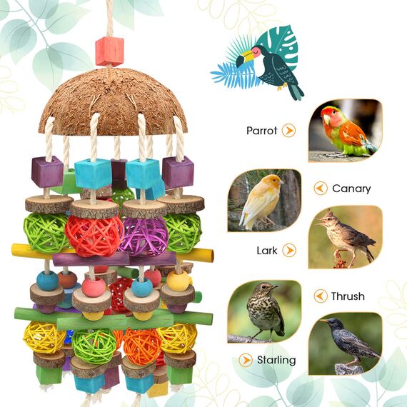 Großer Vogel Papagei Kauspielzeug, Sittichkäfig Biss Spielzeug Natur Durable Kauen Mehrfarbige natürliche Holzblöcke ,Rattan Ball und Kokosnuss Shell Tearing Spielzeug für große Vogel Amazon Papageien