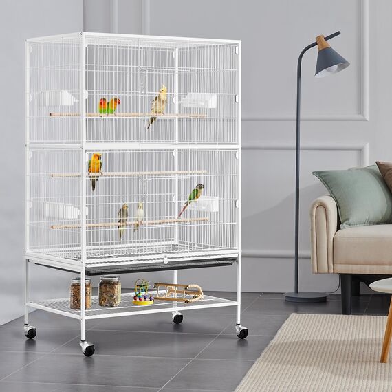 Yaheetech Vogelkäfig mit ständer, Vogelvoliere mit 3 Holzstangen und 4 Futternäpfen, Wellensittich Käfig mit 4 Rollen, Voliere für Papageien, 52 x 79 x 132 cm, Weiß