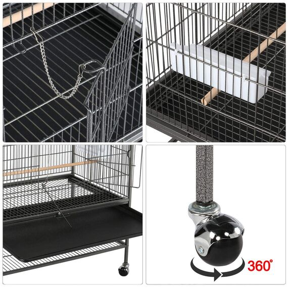 Yaheetech Vogelvoliere großer Vogelkäfig mit 2 Türen Vogelhaus mit Holzstangen und 4 Rollen mit schmutzwanneneinsatz 52 x 79 x 132 cm