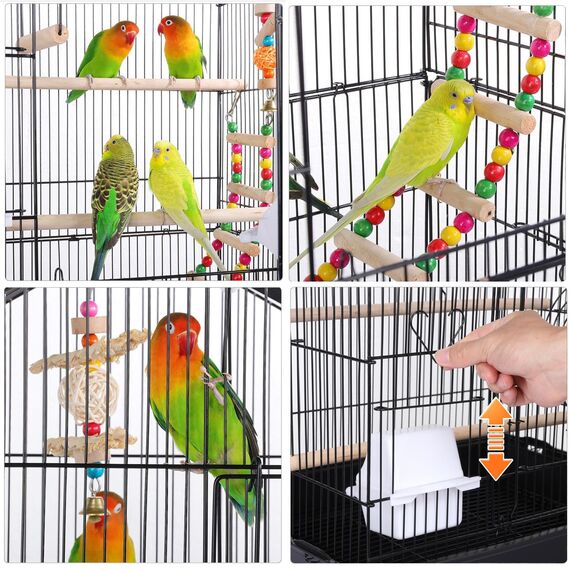 Yaheetech Vogelkäfig mit Vogelspielzeuge, Wellensittichkäfig Käfigspielzeug Nymphensittiche Fink-Papageien-Käfig mit Vogeltreppe, 99x46x35,5 cm, Schwarz