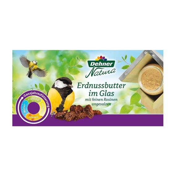 Dehner Natura Premium Wildvogelfutter, Erdnussbutter im Glas, Rosine, Ganzjahresfutter energiereich, hochwertiges Vogelfutter für Wildvögel, 8 x 340 g (2.72 kg)
