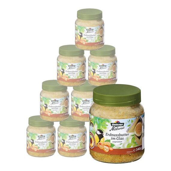 Dehner Natura Premium Wildvogelfutter, Erdnussbutter im Glas, Ganzjahresfutter energiereich / ungesalzen, hochwertiges Vogelfutter für Wildvögel, 8 x 340 g (2.72 kg)