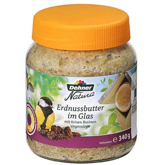 Dehner Natura Premium Wildvogelfutter, Erdnussbutter im Glas, Rosine, Ganzjahresfutter energiereich, hochwertiges Vogelfutter für Wildvögel, 8 x 340 g (2.72 kg)
