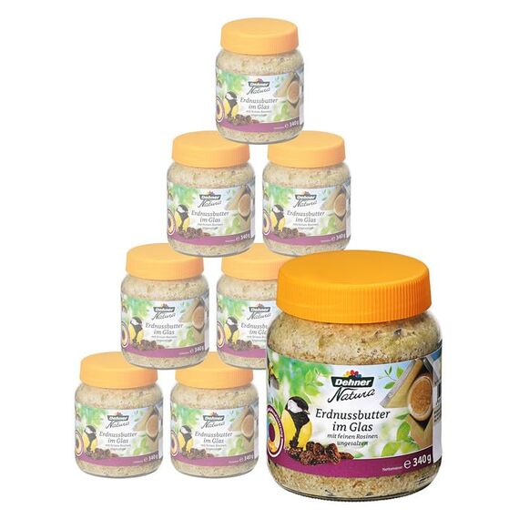 Dehner Natura Premium Wildvogelfutter, Erdnussbutter im Glas, Rosine, Ganzjahresfutter energiereich, hochwertiges Vogelfutter für Wildvögel, 8 x 340 g (2.72 kg)